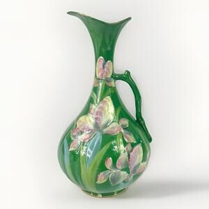 Vintage Moriage Hand Painted Textured Enamel Flowers Ewer Jug Vase 8”